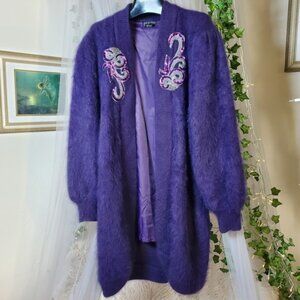 Vintage VENESHA Purple Angora Thigh Length Embellished Sweater Jacket Size L